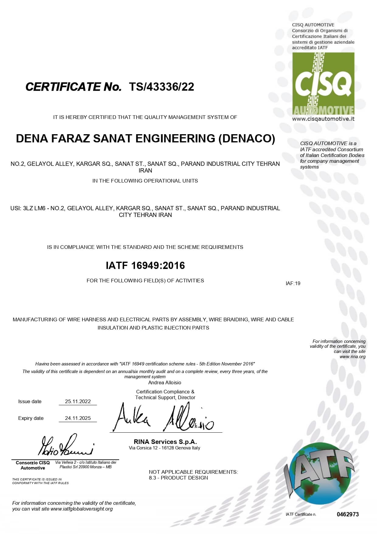 denaco certificate | CISQ-IATF16949