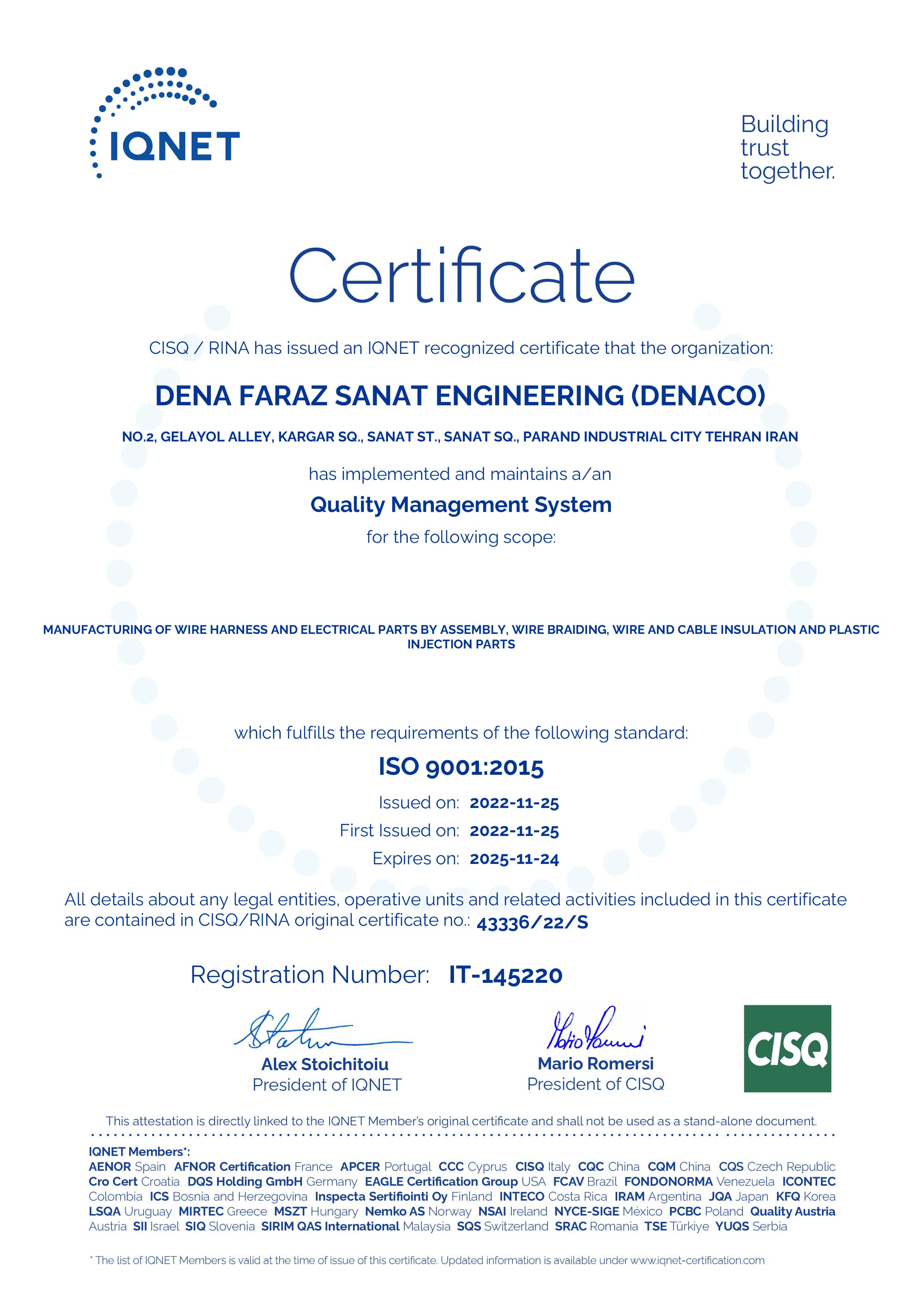 denaco certificate | CISQ-ISO 9001:2015-2